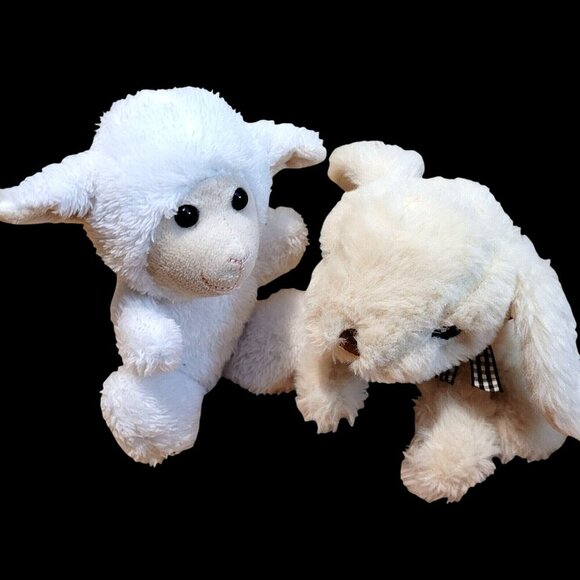 Set of White Lamb & Cream Bunny Rabbit Plush Toys 6" Bow Detail Easter - Picture 5 of 7